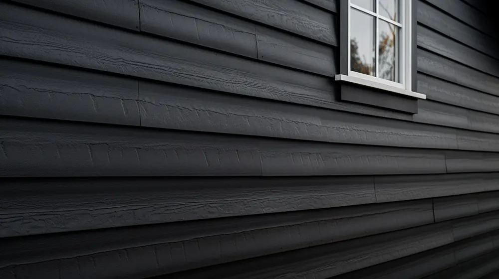 A close up of black siding on a house