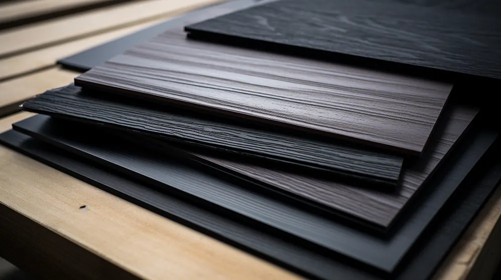 A pile of black siding materials