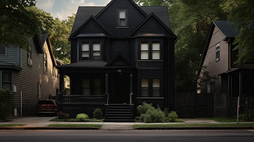 A house with black siding in a neighborhood