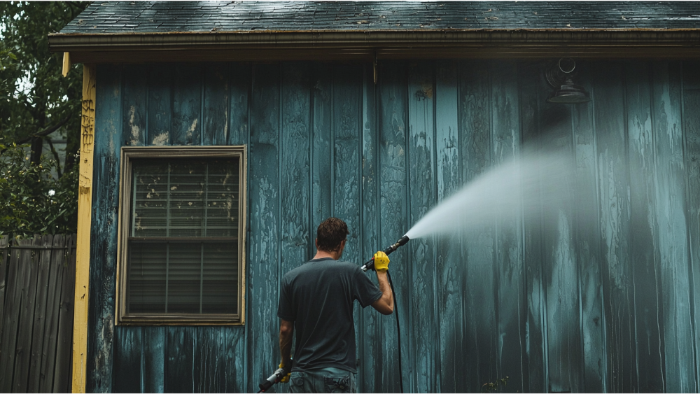 A man pressure washing siding