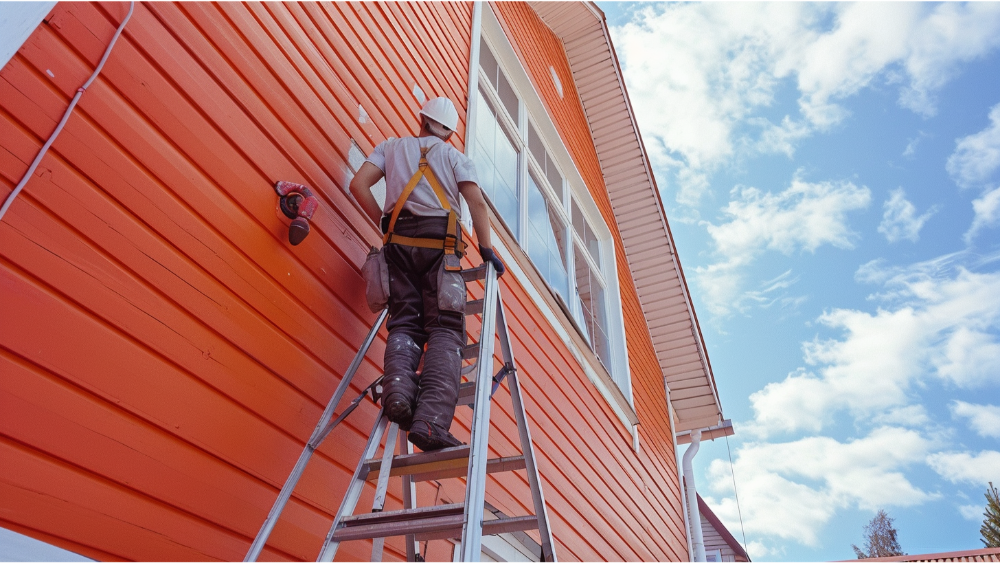 A man painting siding