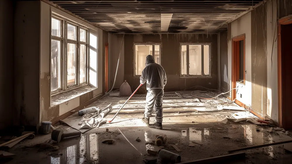 A man cleaning up the job site