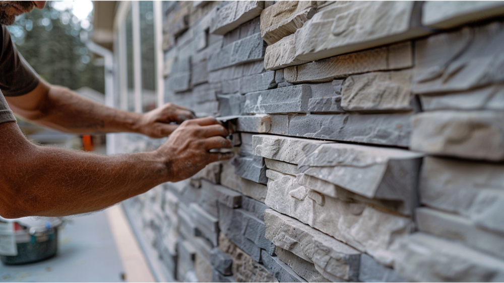 A man installing faux stone siding