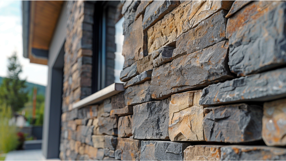 A close up on faux stone siding