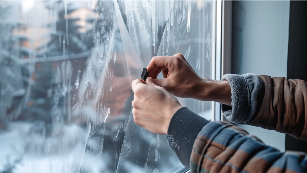 A man installing frosted window film