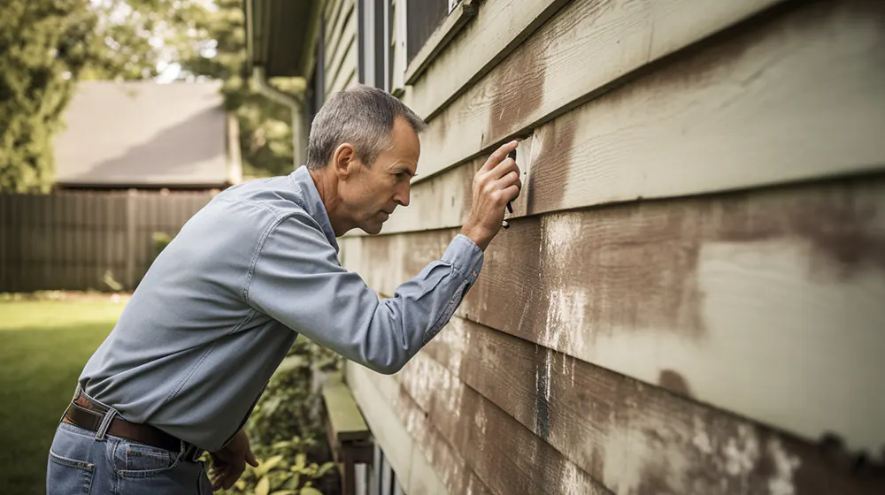 A man inspecting his hardboard siding