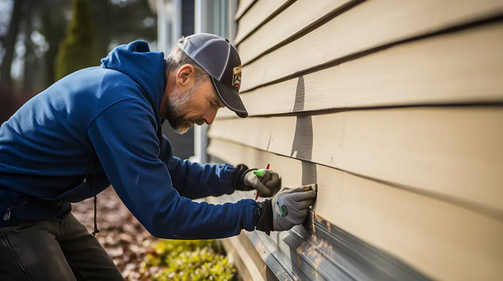 A man installing hardboard siding