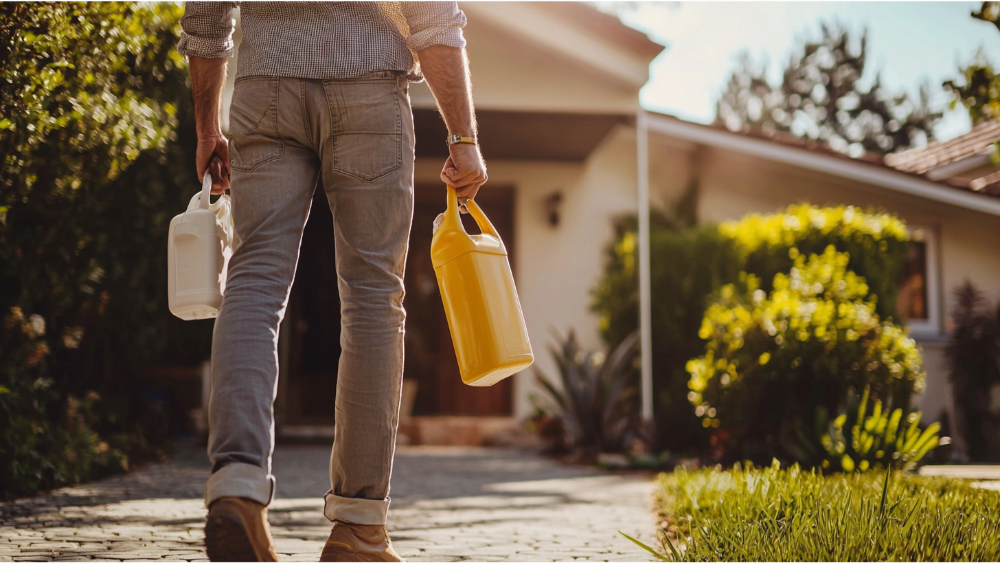 A man carrying vinyl siding cleaner to his house