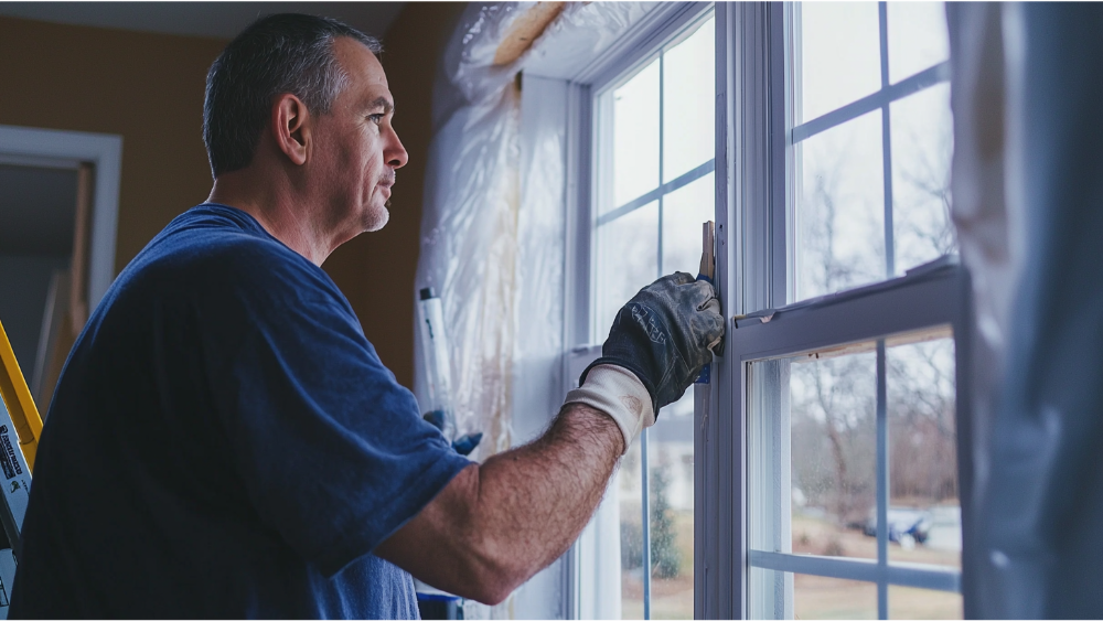 A man insulating a window