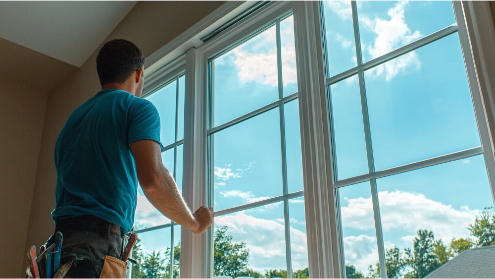 A man insulating a window