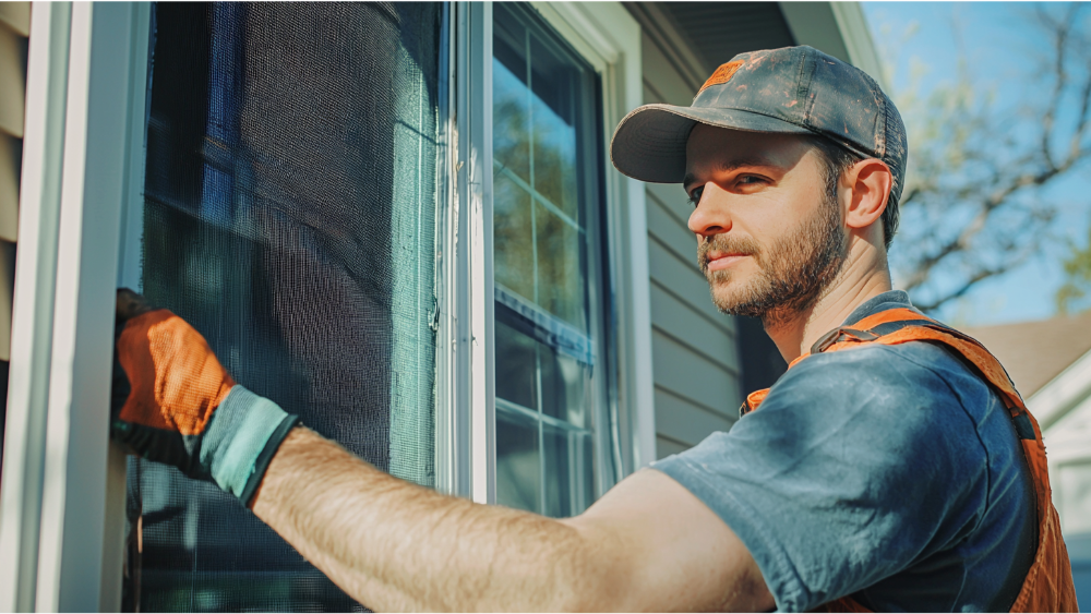 A man removing window screens