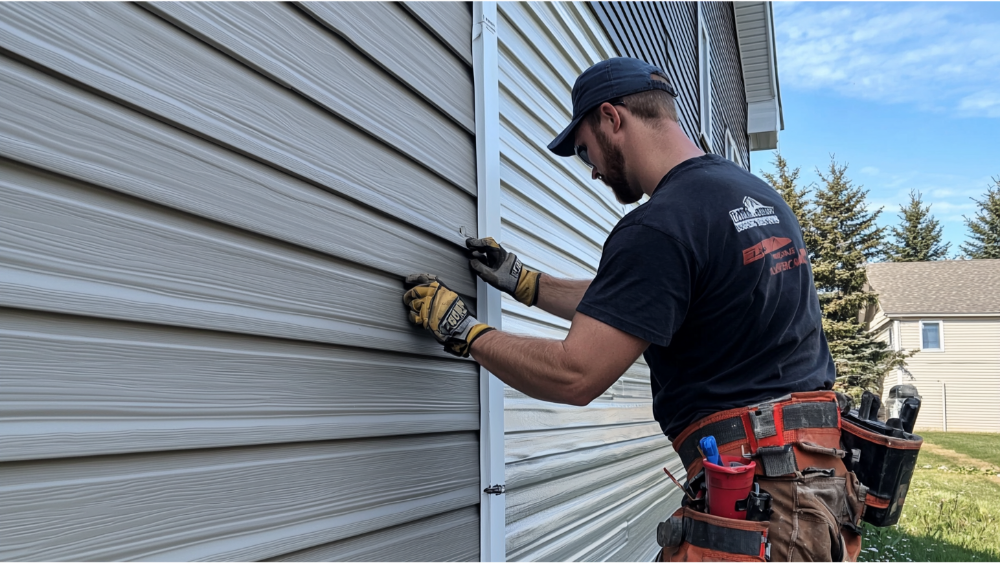 A man installing siding