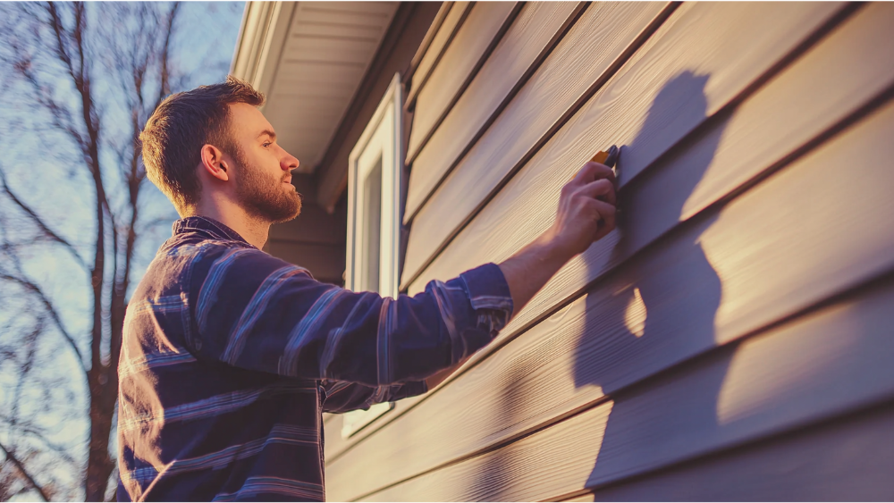 A man installing siding