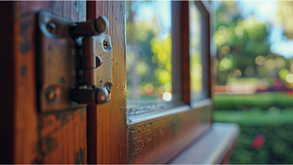 A close up of the hardware of a window