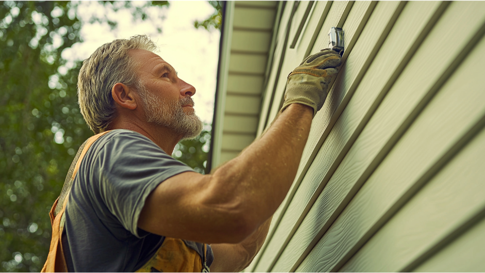 A man fixing hardie board siding