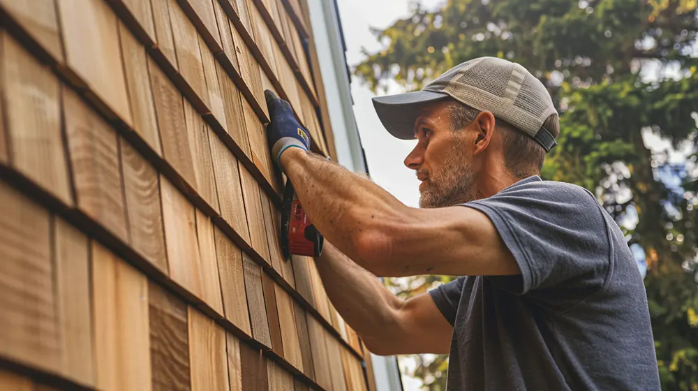 A man installing cedar shake siding