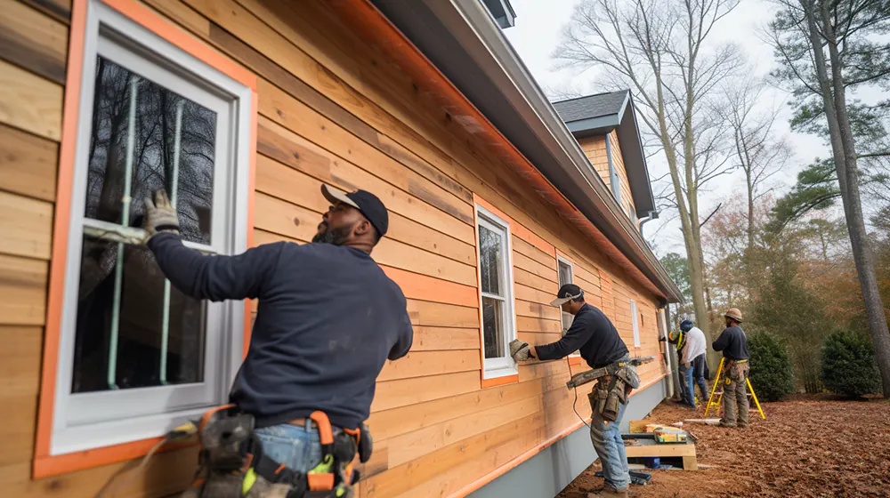 A crew installing shiplap siding