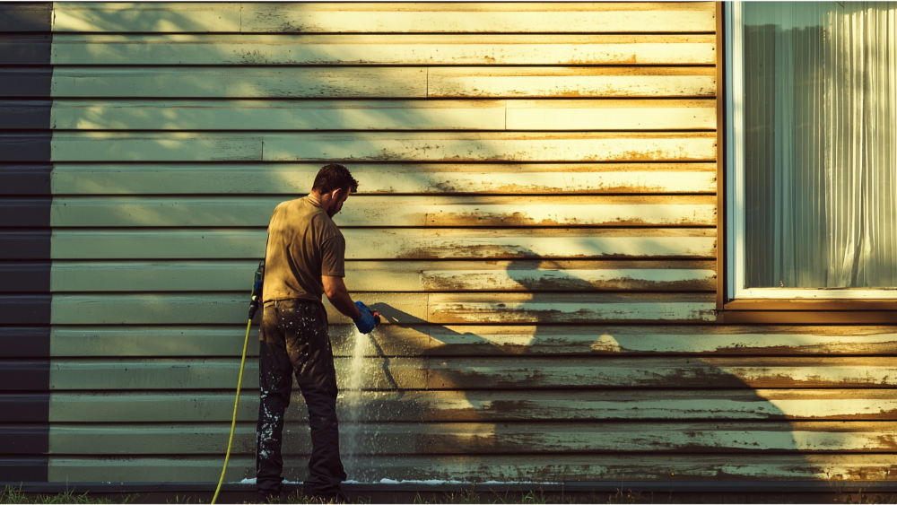 A man cleaning a house covered in algae