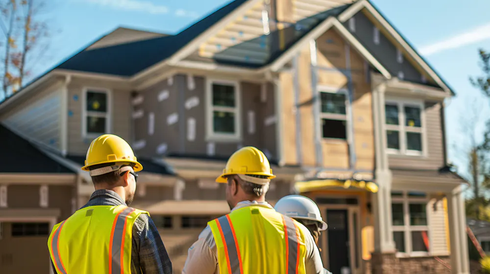 A team of siding installers in front of a house