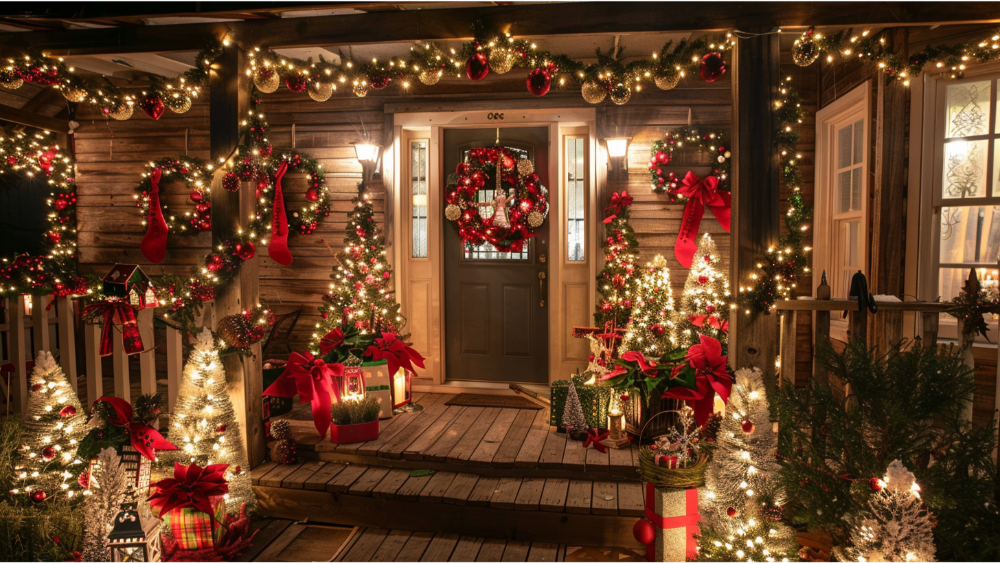 Holiday decorations on the front porch of a home