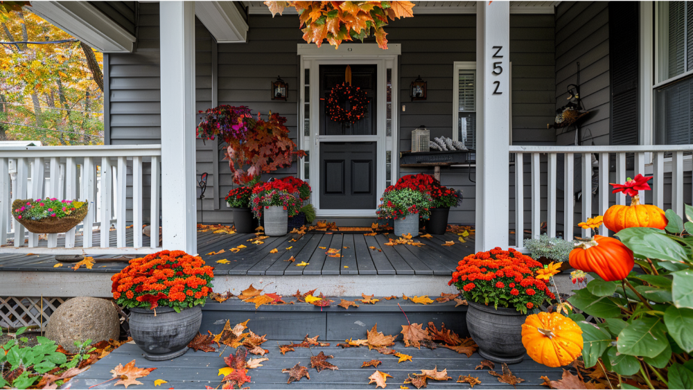 Year round decorations on the front porch of a home