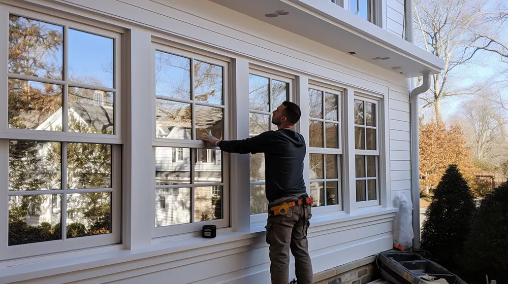 A man installing window frames