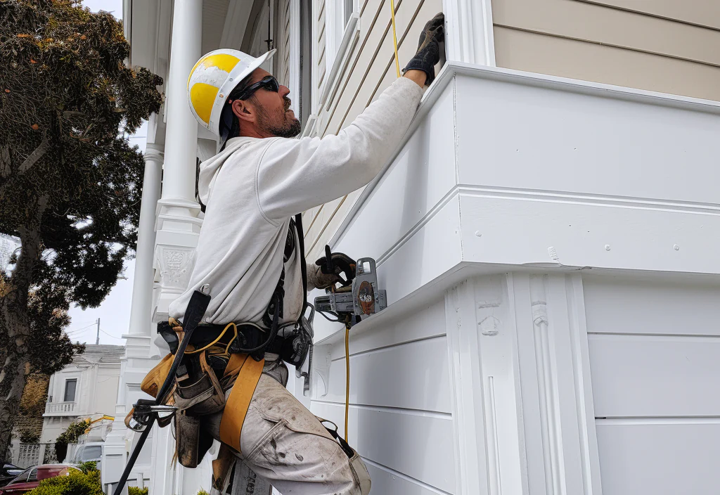 Siding contractor working on siding